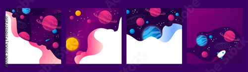 Set of Vector illustrations of outer space, interstellar travels, universe and distant galaxies, solar system, and spaceship. Backgrounds