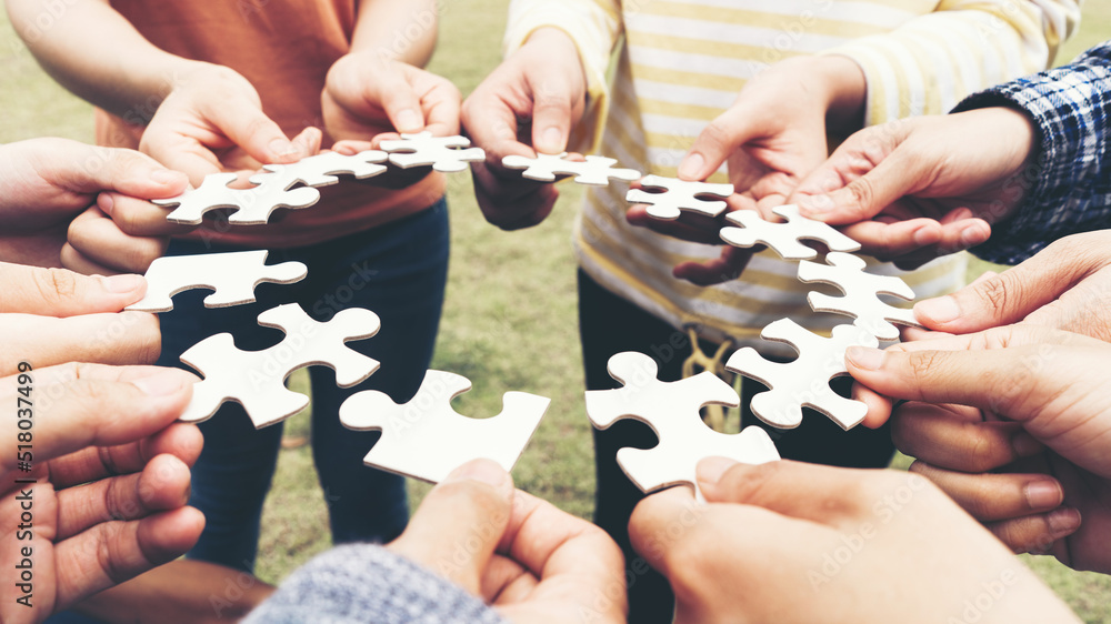 Team Hands Empathy Trust Partner partnership grow and placing the jigsaw puzzle for connect business partner and connection integration start up concept Empathy teamwork. Team Volunter charity Faith. - obrazy, fototapety, plakaty 