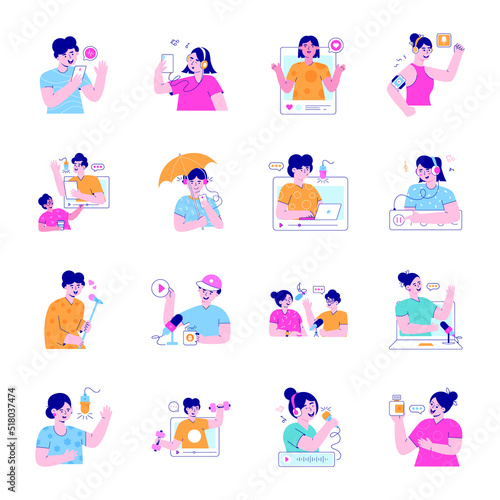 Collection of Podcast Recordings Flat Illustrations

