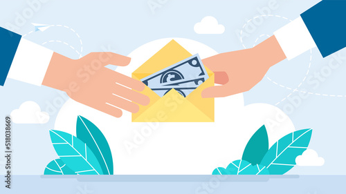Salary. The employee receives money in an envelope. Monetary reward for work done. Financial assistance, donations. Project financing. Hand with an envelope of money. Flat style. Business illustration