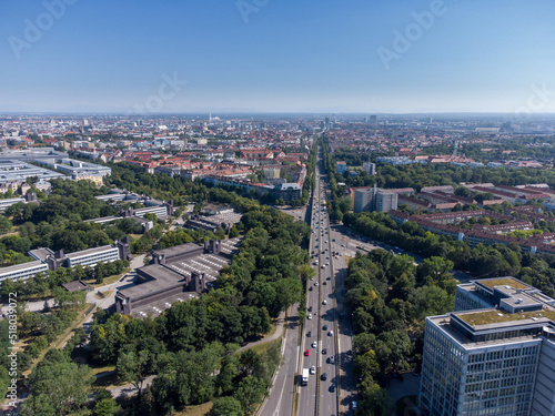Aerial View over Munich to south with the alps in the backround