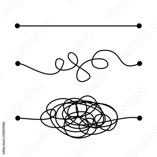 Hard, medium and easy way solution concept illustrated by tangled and straight lines. Complicated and simple path decision. Vector illustration design.