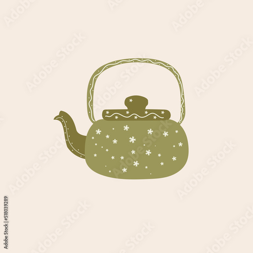 Autumn illustration, sticker kettle, teapot with homely cute things. Vector design for card, poster, flyer, web and other use. 