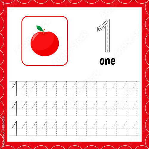 Cards with numbers for children. Trace the line. For kids learning to count and to write. Number one. Apple photo