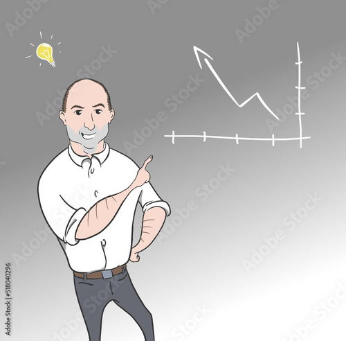Young successful businessman work with graphs or charts in office. Smiling male employee brainstorm over financial startup project at workplace. Financier job.