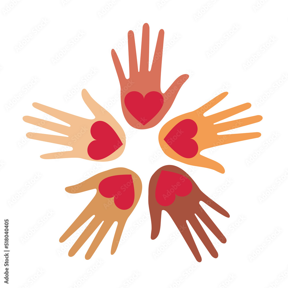 Fototapeta premium Loving hands with heart. Charity concept. Open palms of people of multiethnic communities. Vector.