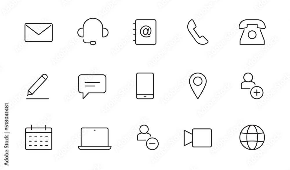 Contact, address line icon set. Mail, telephone adress, message symbol for website button. Editable stroke thin line design icon set. Vector illustration. Contact, address line icon set. Mail, telephone adress, message symbol for website button. Editable stroke thin line design icon set. Vector illustration.