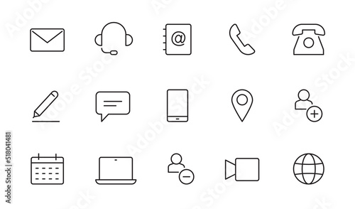 Contact, address line icon set. Mail, telephone adress, message symbol for website button. Editable stroke thin line design icon set. Vector illustration.