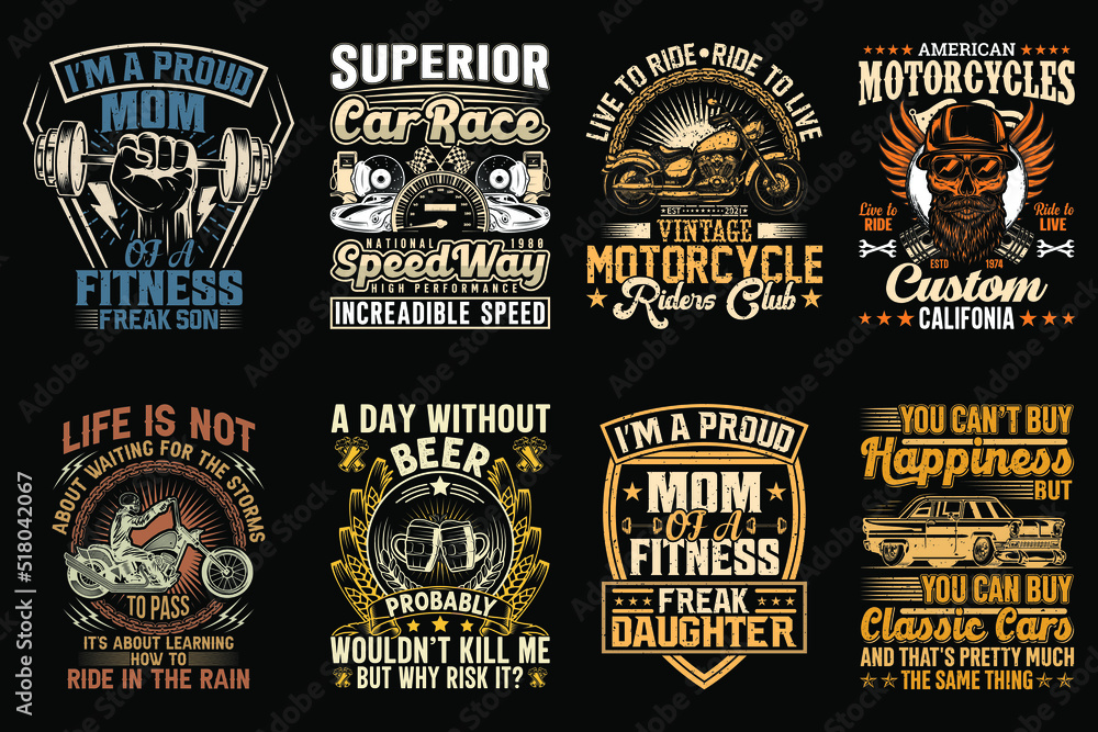 Vintage trendy t-shirt design bundle, classic car, motorcycle, beer ...