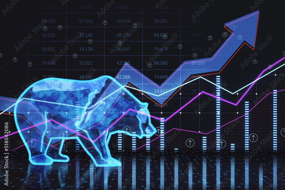 Silhouette form hologram of bear on financial stock market graph representing stock market crash or down trend investment on black background. 3D Rendering. - obrazy, fototapety, plakaty 