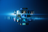 Creative digital picture gallery on blue background. Photo album and media technology concept.