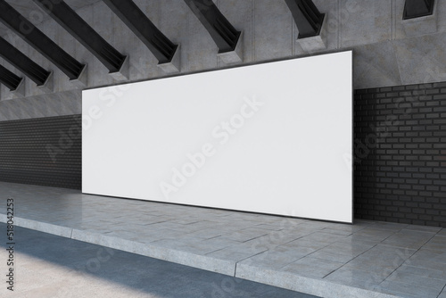Creative 3d rendering image of outdoor concrete and brick bridge wall in daylight with empty large white mock up billboard. Architecture concept.