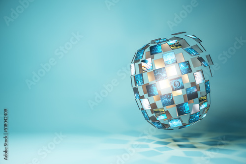 Abstract digital image gallery sphere with bitcoin and metaverse concepts on blue background with mock up place for your advertisement. Cryptocurrency and future concept. 3D Rendering.