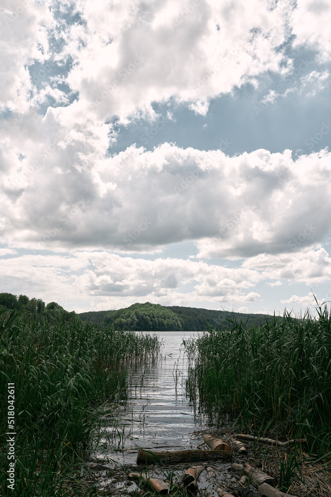 Fototapeta premium View from the coast of the lake. Beautiful landscape with calm lake and bright trees at sunset. Bright summer day scene.