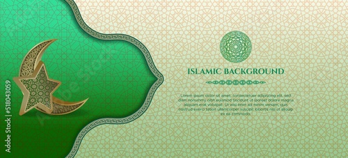 Islamic horizontal banner with luxury border frame, Arabic pattern background, crescent moon, and 3d stars. Perfect for Islamic celebrations: happy Muharram, Ramadan Kareem or eid al Fitr, eid al Adha