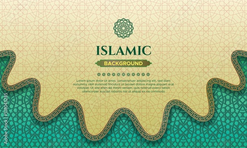 green Tosca and pastel brown Islamic pattern background with wave border frame. Suitable for Islamic celebrations: happy Muharram, eid al Fitr mubarak, eid al Adha, isra Miraj, and mawlid an Nabi 