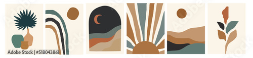 Collection of modern simple minimalist abstractions in boho style: landscapes with sun and moon, palm leaf in a vase and pots, hand-drawn geometric shapes on a colored background