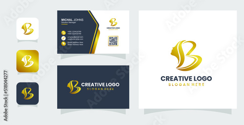 Beauty salon and spa logo business card vector. Letter B with swirls and portrait of woman with wavy hair perfect for fashion or spa company