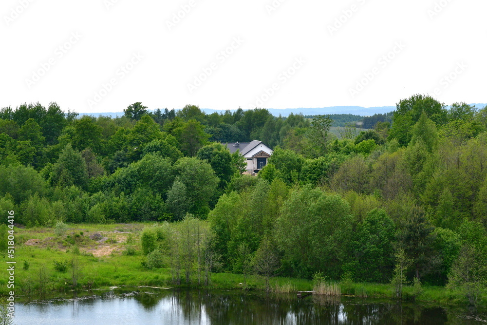 A view from the top of a tall hill or mountain with vast fields, meadows, forests, moors, and other types of flora visible, with a lake, some urban settlements, and other buildings in the distance A view from the top of a tall hill or mountain with vast fields, meadows, forests, moors, and other types of flora visible, with a lake, some urban settlements, and other buildings in the distance