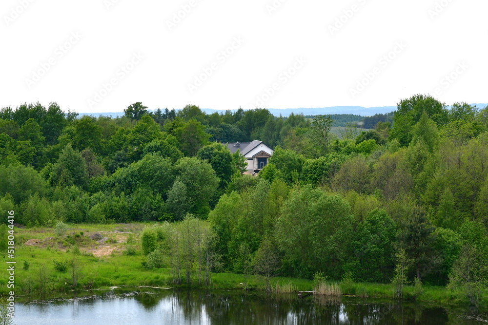 A view from the top of a tall hill or mountain with vast fields, meadows, forests, moors, and other types of flora visible, with a lake, some urban settlements, and other buildings in the distance