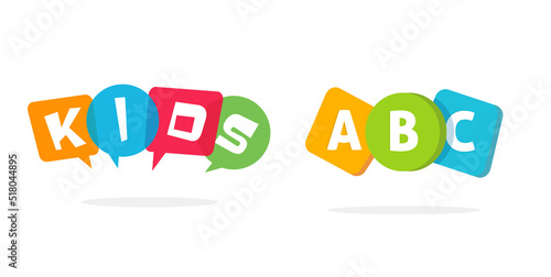 Kid care logo for child kindergarten preschool vector icon or baby speaking talking school and play zone cartoon fun bubbles logotype, funny colorful study or learning education children element image