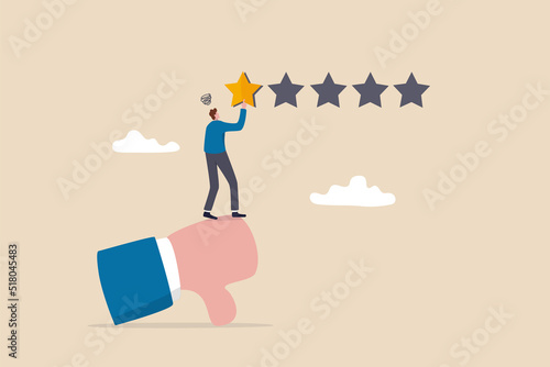 Negative feedback, bad review or one star customer feedback, terrible or poor quality user experience, low rating result or disappointment concept, unhappy man on thumb down giving bad review star.