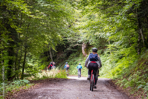 escursion juvenil en bicicleta de montaña, pista de Anapia a prados de Sanchese, trekking de las Golondrinas, Lescun, región de Aquitania, departamento de Pirineos Atlánticos, Francia photo