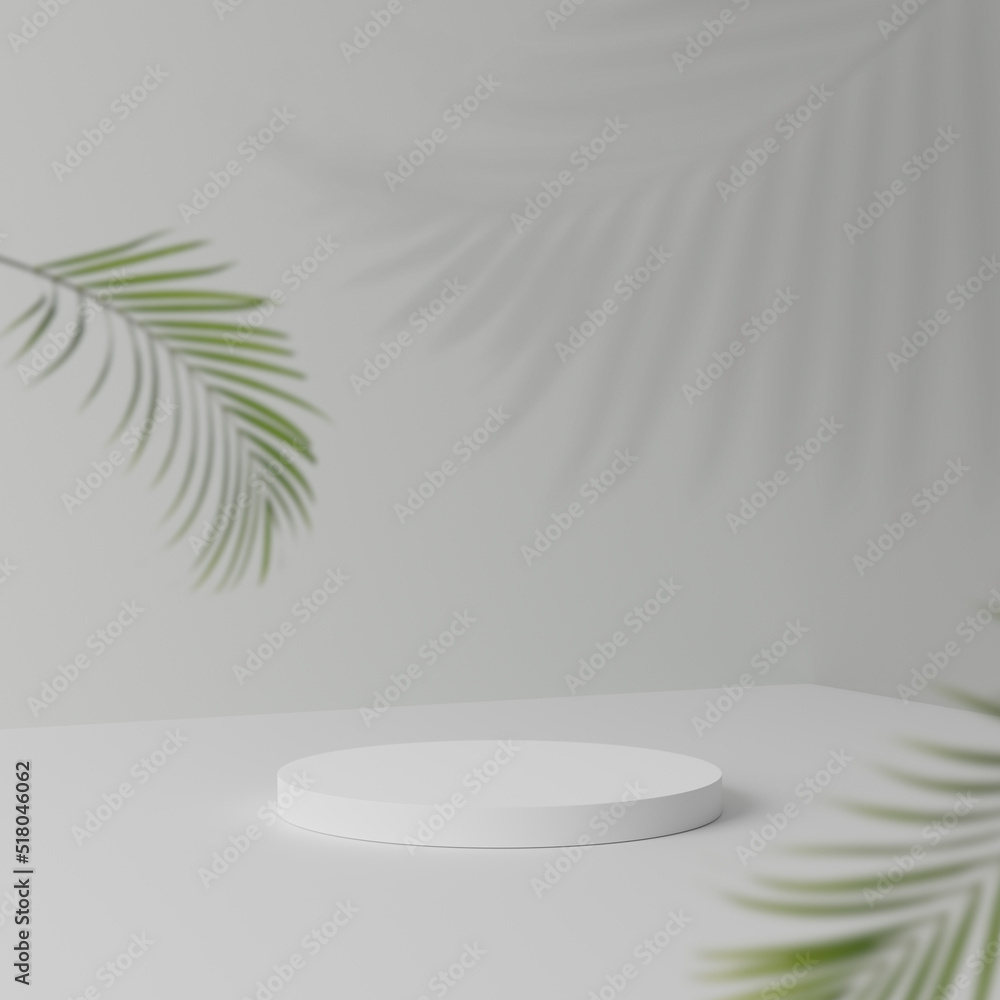 Abstract white round corner pedestal podium with green leaves, Product display podium in room, 3d rendering studio with geometric shapes, Cosmetic product minimal scene with platform Abstract white round corner pedestal podium with green leaves, Product display podium in room, 3d rendering studio with geometric shapes, Cosmetic product minimal scene with platform