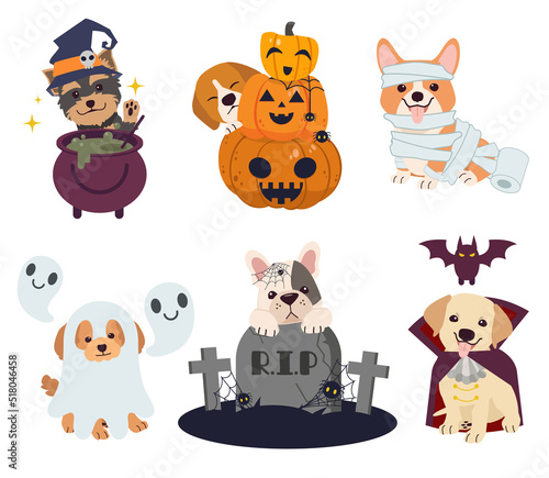 The collection of dogs with Halloween theme set. Graphic resource about dog pet animal and Halloween theme for  content, banner, sticker label and greeting card.