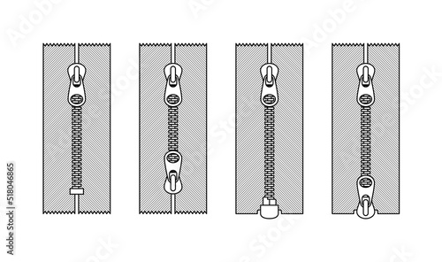 Vector set of different types of zippers by design. Isolated on white background