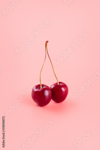 Isolated cherries on pink background.  Two sweet cherry fruits close up. Flatlay macro