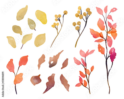 水彩画。水彩タッチの紅葉樹ベクターイラストセット。秋の枯葉のベクター挿絵。リアルタッチの秋の植物イラスト。Watercolor. Set of vector illustration of autumn leaves tree vector illustration with watercolor touch. Autumn dead leaves vector illustration. Aut