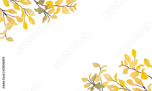 水彩画。水彩タッチのベクター秋の植物。紅葉した葉っぱの背景。紅葉樹の秋フレーム。Watercolor painting. Vector autumn plants with watercolor touch. Autumn leaves background. Autumn frame with red leaves tree.