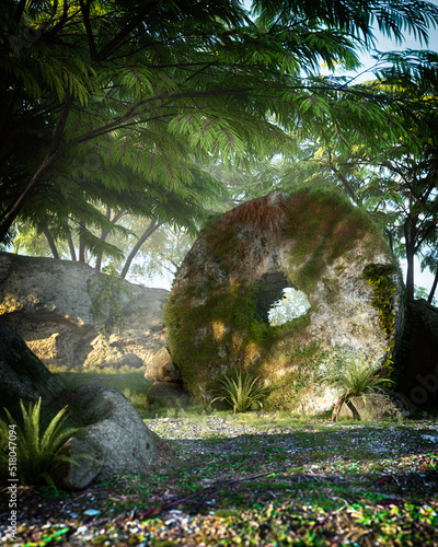 rai stone with moss forest environment 3d illustration photo