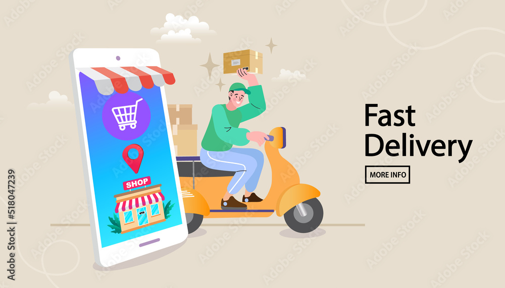 Obraz premium Online delivery service concept. Fast delivery by scooter via mobile phone. Man riding motorcycle. Vector illustration.