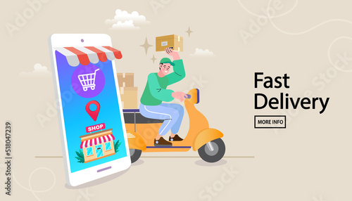 Online delivery service concept. Fast delivery by scooter via mobile phone. Man riding motorcycle. Vector illustration.