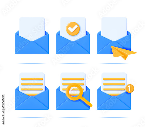 3d Blue Open Mail Envelope Icon Set