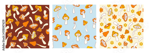 Floral hippie set seamless patterns with cute mushrooms on a brown, blue and beige background. Groovy retro vintage print in style 70s, 80s. Vector illustration