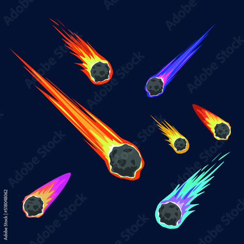Illustration of space meteors, comets and asteroids with fire trails 