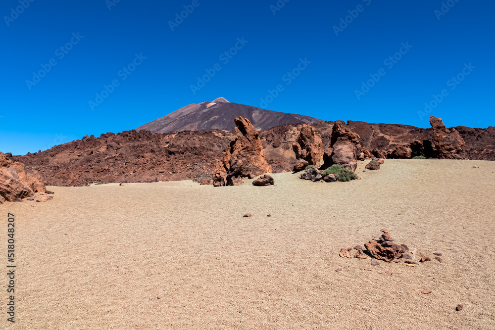 Scenic view on moon landscape of Minas de San Jose Sur near volcano Pico del Teide, Mount El Teide National Park, Tenerife, Canary Islands, Spain, Europe. Lava rocks and pumice field on desert terrain Scenic view on moon landscape of Minas de San Jose Sur near volcano Pico del Teide, Mount El Teide National Park, Tenerife, Canary Islands, Spain, Europe. Lava rocks and pumice field on desert terrain