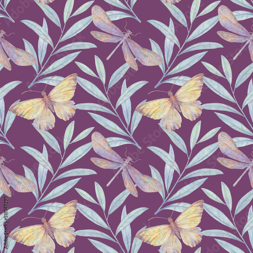 Abstract seamless background of leaves and butterflies for design  fabric  wallpaper  wrapping paper. Graceful botanical drawing. Watercolor illustration processed in a digital program.