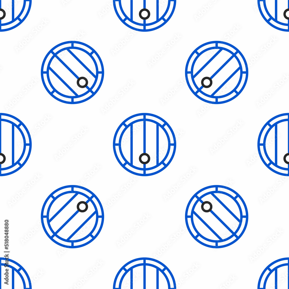 Line Wooden barrel icon isolated seamless pattern on white background. Alcohol barrel, drink container, wooden keg for beer, whiskey, wine. Colorful outline concept. Vector
