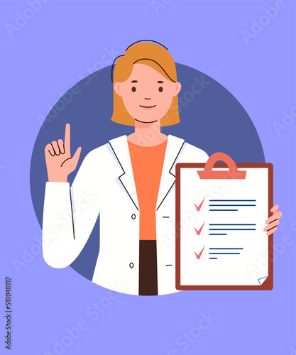 Portrait of female therapist with list of tips, recommendations marked with red checkmark. Doctor's advice. Consultation, medical information, appointment, instruction, prescription. Vector.
