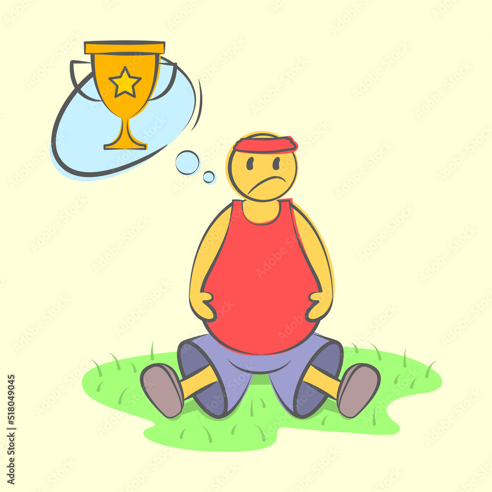 Fat funny lazy sportsman sitting and dreaming about the prize. Weight loss and a healthy body. Sad cartoon fat man starts workout. Fat funny lazy sportsman sitting and dreaming about the prize. Weight loss and a healthy body. Sad cartoon fat man starts workout.