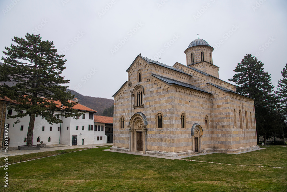 Medieval Monastery and orthodox Church Visoki Decani, one of the most important Serbian monastery. UNESCO world heritage site in Decani, Kosovo, Serbia 05.03.2022