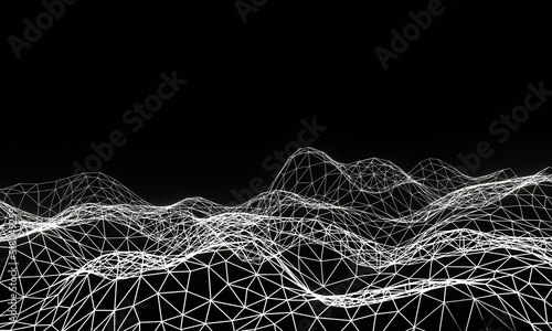3D illustration Wave of particles on dark background. Technology backdrop.Abstract 3d wireframe landscape grid on black background.