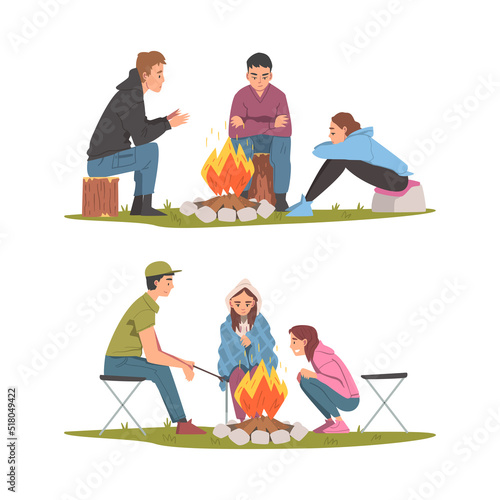Friends sitting at campfire and talking set. Tourist camper resting after hiking cartoon vector illustration