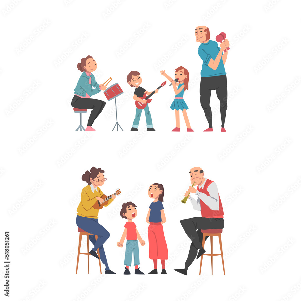 Set of happy families playing music and singing. Parents and children spending good time together cartoon vector illustration Set of happy families playing music and singing. Parents and children spending good time together cartoon vector illustration