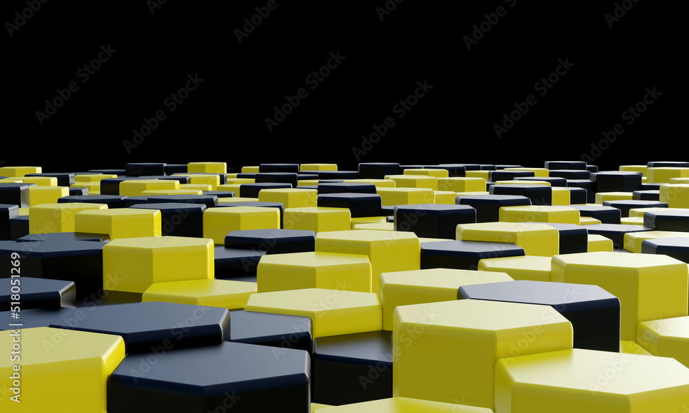 Fototapeta premium 3D illustration yellow and black geometric hexagonal abstract background. Pattern for texture of wallpapers. Background light honeycomb of different height.