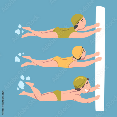 Cute kids learning to swim in swimming pool. Children in swimwear holding on to board in water vector illustration